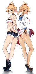 Rule 34 | 2girls, akinaie, ankle boots, ass, back-to-back, bandeau, bikini, bikini under clothes, blonde hair, blush, boots, breasts, butt crack, choker, commentary request, cutoffs, denim, denim shorts, dual persona, fate/apocrypha, fate/grand order, fate (series), full body, green eyes, green hair, grin, highres, jacket, long hair, looking at viewer, micro shorts, mordred (fate), mordred (fate) (all), mordred (fate/apocrypha), mordred (swimsuit rider) (fate), mordred (swimsuit rider) (second ascension) (fate), multiple girls, navel, parted lips, ponytail, red bikini, red jacket, sandals, school uniform, see-through, serafuku, short shorts, shorts, side-tie bikini bottom, simple background, smile, swimsuit, tan, teeth, wet, wet clothes, white background