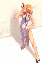 Rule 34 | 1girl, blonde hair, brown eyes, china dress, chinese clothes, dress, jian (weapon), refeia, short hair, side slit, solo, sword, weapon