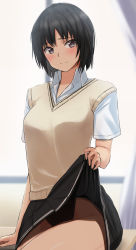 Rule 34 | 1girl, amagami, black hair, black skirt, black one-piece swimsuit, blouse, blush, brown eyes, brown sweater vest, classroom, closed mouth, clothes lift, commentary, competition swimsuit, curtains, desk, dress shirt, highleg, highleg swimsuit, highres, kibito high school uniform, lifted by self, nanasaki ai, on desk, one-piece swimsuit, raised eyebrows, school uniform, shirt, short hair, short sleeves, sitting, skirt, skirt lift, smile, solo, sweater vest, swimsuit, swimsuit under clothes, white shirt, window, yoo tenchi