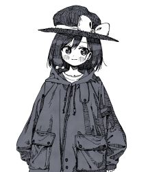 Rule 34 | 1girl, blush, bow, closed mouth, commentary request, fedora, greyscale, hat, hat bow, hatching (texture), highres, jacket, long sleeves, monochrome, nama udon, pocket, short hair, sketch, sleeves past fingers, sleeves past wrists, smile, solo, touhou, upper body, usami renko, zipper