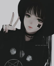 Rule 34 | 1girl, aoi ogata, artist name, black hair, black nails, choker, commission, female focus, green eyes, hat, highres, jewelry, long hair, looking at viewer, nail polish, original, pale skin, ring, sleeves past wrists, solo, upper body, v