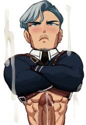 Rule 34 | 1boy, abs, beard, blue hair, closed mouth, crossed arms, cum, ejaculation, elijah antaios, facial hair, facing viewer, fairytale police hoe department, idoraad, light blue hair, looking at viewer, male focus, muscular, muscular male, mustache, necktie, penis, short hair, solo, transparent background, upper body