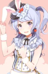 Rule 34 | 1girl, :d, animal ears, bang dream!, black ribbon, blue hair, bow, chain, earrings, frills, hair tie, hand on own chest, hand on own ear, hat, hat bow, hat ornament, heart, heart earrings, jewelry, long hair, looking at viewer, matsubara kanon, neck ribbon, one side up, open mouth, playing card print, purple eyes, rabbit ears, ribbon, smile, solo, top hat, upper body, wristband, yae (eky 567)