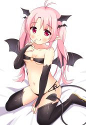 Rule 34 | 1girl, :q, antenna hair, bare shoulders, bat hair ornament, bed sheet, between legs, black footwear, black thighhighs, black wings, blush, boots, breasts, bridal gauntlets, closed mouth, collarbone, commentary request, demon girl, demon tail, demon wings, finger to mouth, hair between eyes, hair ornament, hand between legs, head wings, heart o-ring, highres, long hair, navel, original, parted bangs, pink hair, pointy ears, red eyes, sitting, small breasts, smile, solo, tail, thigh boots, thighhighs, tongue, tongue out, very long hair, wariza, white background, wings, xiaosamiao