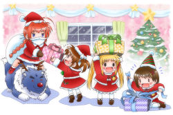 Rule 34 | 0 0, 4girls, :d, ^^^, ahoge, ankle boots, antlers, arms up, beard, bell, belt, bike shorts, black eyes, blonde hair, blue eyes, boots, braid, brown hair, buttons, capelet, chibi, christmas, christmas ornaments, christmas tree, coat, cosplay, curtains, dress, facial hair, fate testarossa, flying sweatdrops, forehead jewel, fur trim, gift, hair ornament, hair ribbon, hairclip, happy, hat, holding, holding gift, holly, hood, horns, indoors, lace, lace-trimmed dress, lace trim, long hair, lyrical nanoha, mittens, motion lines, multiple girls, night, night sky, o o, on floor, open mouth, pantyhose, plaid, polka dot, red eyes, red hair, red nose, reindeer, reindeer (cosplay), ribbon, riding, sack, santa claus, santa claus (cosplay), santa costume, santa hat, shadow, shinozuki takumi, short hair, short twintails, sidelocks, sitting, sky, smile, snow, standing, star (symbol), striped, sweat, takamachi nanoha, tiptoes, trembling, twin braids, twintails, very long hair, vita (nanoha), wariza, white legwear, window, wolf, x hair ornament, yagami hayate, zafira