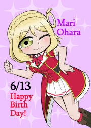 Rule 34 | 1girl, 2019, absurdres, artist name, artist request, blonde hair, boots, bow, braid, clenched hand, crown braid, female focus, full body, hair rings, hand on own hip, highres, love live!, love live! school idol festival, love live! sunshine!!, ohara mari, one eye closed, purple background, red bow, red shirt, red socks, shirt, short hair, skirt, smile, socks, solo, song name, white skirt, yellow eyes