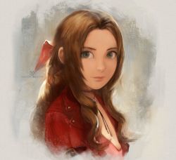 Rule 34 | aerith gainsborough, artist logo, artist name, bow, david revoy, final fantasy, final fantasy vii, final fantasy vii remake, green eyes, grey background, hair bow, highres, looking at viewer, paint splatter, red bow, square enix, texture