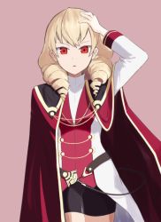Rule 34 | 1girl, belt, black shorts, blonde hair, cape, dress shirt, drill hair, erika wagner, looking at viewer, red cape, red eyes, shirt, shorts, simple background, suzusaki, tagme, touching head, under night in-birth