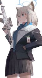 Rule 34 | 1girl, animal ears, arm up, assault rifle, blue archive, blue eyes, blue scarf, breasts, cat ears, collar, eyes visible through hair, grey collar, grey jacket, grey skirt, grey sleeves, gun, hair between eyes, hand in pocket, hand up, highres, jacket, long sleeves, medium breasts, open mouth, rifle, scarf, shiroko (blue archive), shirt, short hair, sig sauer 556, silver hair, simple background, skirt, solo, standing, suppressor, ttoowa, weapon, white background, white shirt