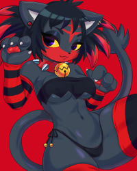 Rule 34 | 1girl, :3, animal ears, animal hands, animal nose, bandeau, bell, berry (berrycreme), black bandeau, black fur, black hair, black panties, blue eyes, body fur, breasts, cat ears, cat girl, cat tail, claws, closed mouth, collar, colored sclera, covered erect nipples, cowboy shot, creatures (company), detached sleeves, earrings, female focus, furry, furry female, game freak, gen 7 pokemon, half-closed eyes, hands up, happy, highres, jewelry, jingle bell, litten, looking to the side, medium breasts, multicolored hair, multiple earrings, navel, neck bell, nintendo, panties, paw pose, pawpads, personification, pokemon, red background, red fur, red hair, red sleeves, short hair, side-tie panties, sidelocks, simple background, smile, solo, spiked collar, spikes, stomach, striped sleeves, tail, thick thighs, thighhighs, thighs, two-tone fur, two-tone hair, underboob, underwear, yellow sclera