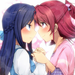 Rule 34 | 2girls, aida mana, blouse, blue eyes, blue hair, blush, bow, braid, casual, couple, dokidoki! precure, eye contact, face-to-face, flipped hair, forehead-to-forehead, half updo, heads together, heart, heart background, hishikawa rikka, holding hands, light smile, long hair, looking at another, marimo danshaku, multiple girls, pink bow, pink eyes, pink hair, pink shirt, precure, profile, red hair, shirt, short hair, smile, upper body, yuri