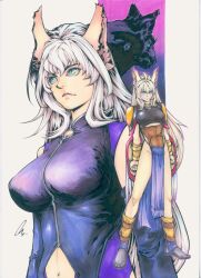 Rule 34 | 1girl, andy seto, animal ears, armor, black panther, blue eyes, breasts, cat ears, chinese commentary, clothing cutout, commentary, cyber weapon z, english commentary, frown, groin, highres, large breasts, long hair, marker (medium), medium breasts, mixed-language commentary, navel, navel cutout, panther, pelvic curtain, rosaland (cyber weapon z), serious, shoulder armor, signature, slit pupils, traditional media, white hair