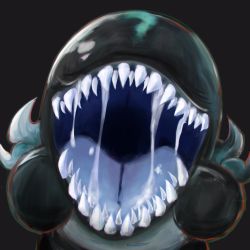 Rule 34 | arknights, bitey (arknights), black background, blue tongue, colored tongue, creature, highres, kokotarossa, no humans, open mouth, saliva, sharp teeth, simple background, teeth