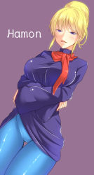 Rule 34 | 1girl, blonde hair, breasts, cameltoe, character name, clothes lift, crowley hamon, dress, dress lift, gundam, kirisaki byakko, large breasts, long hair, looking at viewer, mobile suit gundam, parted lips, purple eyes, scarf, shiny clothes, smile, solo, thigh gap