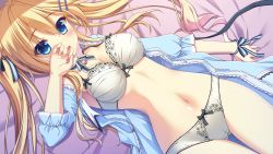 Rule 34 | 1girl, ameto yuki, bed, blonde hair, blue eyes, blush, bra, breasts, cameltoe, cleavage, dress, female focus, game cg, highres, konno arisa, large breasts, legs, long hair, looking at viewer, lying, navel, open clothes, open dress, panties, pure x connect, solo, thigh gap, thighs, twintails, underwear, white bra, white panties
