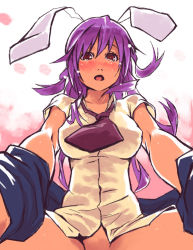 Rule 34 | 1girl, animal ears, bad id, bad pixiv id, blazer, blouse, blush, bottomless, female focus, jacket, long hair, necktie, out-of-frame censoring, purple hair, rabbit ears, red eyes, red necktie, reisen udongein inaba, sexually suggestive, shirt, solo, tears, touhou, white shirt, yuuji (and)
