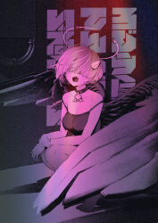 1girl absurdres angel angel_wings barefoot breasts camisole choker fangs feathered_wings film_grain full_body hair_over_eyes halo highres large_breasts large_wings looking_at_viewer monochrome nikubou_maranoshin open_mouth original pink_theme short_hair solo squatting wing_hair_ornament wings