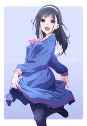 Rule 34 | 1girl, arm behind back, black hair, black pantyhose, blue background, blue cardigan, blue dress, blue eyes, border, bow, bowtie, breasts, brown footwear, cardigan, clothes lift, commentary request, dated, dress, foot out of frame, foot up, from side, hairband, headband, highres, loafers, long hair, long sleeves, looking at viewer, looking to the side, medium breasts, medium dress, monai-chan (nii manabu), nii manabu, open mouth, original, outside border, pantyhose, pink bow, pink bowtie, sailor collar, shoes, signature, simple background, single stripe, skirt hold, sleeve cuffs, smile, solo, standing, standing on one leg, white border, white hairband, white headband, white sailor collar