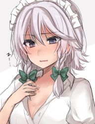 Rule 34 | 1girl, arm at side, asa (coco), blouse, blue eyes, blush, braid, collarbone, hair ribbon, hand on own chest, izayoi sakuya, looking down, maid headdress, open mouth, puffy short sleeves, puffy sleeves, ribbon, shirt, short sleeves, silver hair, simple background, solo, touhou, tress ribbon, twin braids, unbuttoned, wavy mouth, white shirt