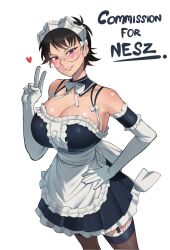 Rule 34 | 1girl, blush, breasts, commission, english text, freckles, glasses, heart, highres, huge breasts, jane (nesz), kimouji, maid, necktie, original, purple eyes, short hair, v