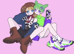 Rule 34 | :3, animal print, black shorts, blonde hair, blue eyes, blue jacket, boots, braided hair rings, breasts, brown footwear, cone hair bun, cow print, cowboy hat, cowboy western, crossed ankles, double bun, earrings, fukuhara ann, full body, green hair, green nails, hair bun, hand on own cheek, hand on own face, hand up, hat, highres, holding, holding phone, jacket, jewelry, knees apart feet together, knees up, long hair, long sleeves, looking at viewer, morizono wakana, necklace, nyaasechan, off shoulder, phone, pink background, pretty rhythm, pretty rhythm rainbow live, pretty series, purple eyes, purple jacket, purple nails, shirt, shoes, short hair, shorts, simple background, sleeveless, sleeveless shirt, small breasts, smile, sneakers, spaghetti strap