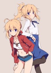 Rule 34 | 2girls, ahoge, alternate hairstyle, artoria pendragon (all), artoria pendragon (fate), blonde hair, blue eyes, blush, breasts, cleavage, cosplay, costume switch, fate/apocrypha, fate/grand order, fate/stay night, fate (series), frown, green eyes, hand on own hip, hand on own thigh, leaning forward, long hair, looking at viewer, midriff, mordred (fate), mordred (fate) (cosplay), mordred (fate/apocrypha), mordred (memories at trifas) (fate), mother and daughter, multiple girls, navel, odawara hakone, pantyhose, ponytail, pout, saber (fate), saber (fate) (cosplay), small breasts, smile, standing, standing on one leg
