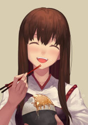 Rule 34 | 10s, 1girl, akagi (kancolle), blush, bowl, brown hair, chopsticks, club3, closed eyes, food, food on face, highres, holding, kantai collection, long hair, looking at viewer, open mouth, profile, rice, rice bowl, rice on face, smile, solo, teeth