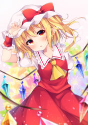 Rule 34 | 1girl, absurdres, arm behind back, arm up, ascot, blonde hair, blush, bow, commentary request, cowboy shot, crystal, fang, flandre scarlet, frilled shirt collar, frills, hair between eyes, hat, hat bow, highres, long hair, looking at viewer, miy@, mob cap, one side up, parted lips, pink background, pointy ears, puffy short sleeves, puffy sleeves, red bow, red eyes, red skirt, red vest, shirt, short sleeves, sidelocks, skirt, skirt set, solo, touhou, vest, white hat, white shirt, wings, wrist cuffs, yellow ascot