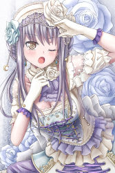Rule 34 | 1girl, ;o, ascot, back bow, bang dream!, bin murasaki, blue flower, blue rose, blush, bow, braid, breasts, cleavage, commentary request, crescent, cross-laced clothes, detached collar, dress, earrings, flower, frilled gloves, frills, gem, gloves, grey eyes, hair flower, hair ornament, hairband, hand on own chest, hand to forehead, head chain, jewelry, lace, lace-trimmed hairband, lace trim, lolita hairband, long hair, medium breasts, minato yukina, one eye closed, pearl (gemstone), purple eyes, purple hair, rose, see-through, see-through sleeves, short sleeves, solo, star (symbol), white bow, white flower, white gloves, white hairband, white rose