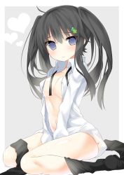 Rule 34 | 1girl, between legs, black hair, black thighhighs, blue eyes, blush, breasts, grey background, hair ornament, hand between legs, highres, kakao (chocolate land), long hair, looking at viewer, navel, no pants, no shoes, open clothes, open shirt, original, shirt, simple background, sitting, solo, thighhighs, twintails, wariza