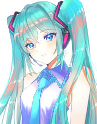 Rule 34 | 1girl, blue eyes, blue hair, blue necktie, collared shirt, grin, hair between eyes, hatsune miku, headphones, headset, highres, long hair, microphone, necktie, rosette (roze-ko), shirt, simple background, sleeveless, sleeveless shirt, smile, solo, twintails, upper body, very long hair, vocaloid, white background, white shirt, wing collar