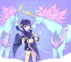 Rule 34 | 1boy, angel, angel wings, animal ears, black wings, dark pit, eating clothes, feathered wings, horns, horse ears, kid icarus, kid icarus uprising, lightning chariot, looking at another, male focus, motion lines, nintendo, nopepe, red eyes, single horn, sparkle, standing, sweat, unicorn, wings, yellow eyes