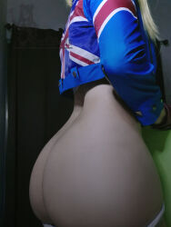 Rule 34 | 1boy, absurdres, androgynous, ass, ass focus, blonde hair, cammy white, cammy white (cosplay), clothes pull, cosplay, crop top, cropped jacket, crossdressing, curvy, darkwaifutrap, highres, huge ass, jacket, non-web source, photo (medium), see-through, shade, short hair, solo, street fighter, street fighter 6, trap, undressing