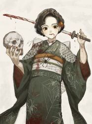 Rule 34 | 1girl, back bow, black hair, blood, blood on arm, blood on clothes, blood on face, bloody weapon, bow, brown eyes, commentary request, empty eyes, feet out of frame, fingernails, green kimono, grey background, hair ornament, highres, holding, holding skull, holding sword, holding weapon, japanese clothes, katana, kimono, looking at viewer, mole, mole under eye, obi, original, parted lips, print kimono, red nails, sash, sayoko (sayosny2), sharp fingernails, short hair, signature, skull, smile, solo, spider web print, sword, weapon, white bow, wide sleeves