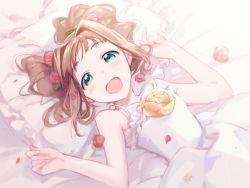 Rule 34 | 1girl, :d, bare shoulders, bed, blush, brown hair, dress, flower, green eyes, hair flower, hair ornament, hair ribbon, idolmaster, idolmaster (classic), jumping dogeza, looking at viewer, lying, md5 mismatch, on back, on bed, open mouth, petals, pillow, ribbon, smile, solo, takatsuki yayoi, twintails, wedding dress