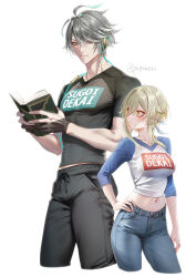 Rule 34 | 1boy, 1girl, absurdres, alhaitham (genshin impact), alternate costume, black pants, black shirt, blonde hair, book, breasts, closed mouth, cropped legs, eyelashes, flower, genshin impact, gloves, green eyes, grey hair, hair between eyes, hair flower, hair ornament, height difference, highres, holding, holding book, lumine (genshin impact), medium breasts, midriff, multicolored shirt, navel, open book, pants, partially fingerless gloves, pottsness, shirt, short hair with long locks, simple background, sugoi dekai, t-shirt, yellow eyes