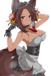 Rule 34 | 1girl, animal ears, apron, arm on own head, arm up, bad id, bad pixiv id, bare shoulders, breasts, brown hair, choker, cleavage, corset, dress, fang, gem, gloves, hair ornament, jewelry, large breasts, long hair, looking at viewer, maid headdress, necklace, open mouth, original, pantyhose, personification, red eyes, ribbon, skull hair ornament, smoke, solo, strapless, strapless dress, syno, tail, waist apron, wolf ears, wolf girl, wolf tail