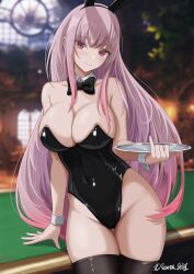 Rule 34 | 1girl, absurdres, alternate costume, animal ears, black bow, black bowtie, black leotard, blurry, blurry background, bow, bowtie, breasts, cleavage, contrapposto, fake animal ears, hand on table, highres, hololive, hololive english, large breasts, leather leotard, leotard, long hair, mori calliope, pink hair, pinky out, playboy bunny, pool table, rabbit ears, rasetsu ship1, red eyes, signature, smile, table, thighhighs, tray, virtual youtuber, window
