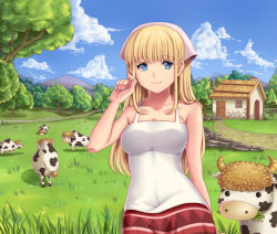 Rule 34 | 1girl, animal, blonde hair, blue eyes, breasts, cleavage, cloud, cloudy sky, cow, day, dress, farm, fence, forest, grass, horns, house, large breasts, long hair, looking at viewer, moda, nature, one piece, outdoors, sidelocks, sky, sleeveless, smile, solo, yumiyokiak