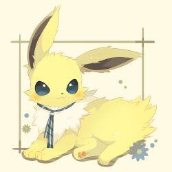 Rule 34 | :3, blush, closed mouth, commentary request, creatures (company), full body, game freak, gen 1 pokemon, highres, jolteon, looking to the side, lying, nintendo, no humans, pokemon, pokemon (creature), smile, solo, ushiina, yellow fur
