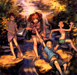 Rule 34 | 2boys, 2girls, barefoot, brother and sister, brothers, brown hair, bukimi isan, clothes lift, dappled sunlight, double bun, dress, dress lift, idolmaster, idolmaster (classic), motion blur, multiple boys, multiple girls, running, see-through, short hair, shorts, siblings, sisters, stream, sunlight, takatsuki chousuke, takatsuki kasumi, takatsuki koutarou, takatsuki yayoi, twintails, underwear, underwear only, wet, wet clothes