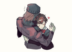 Rule 34 | 1boy, 1girl, aragaki shinjirou, beanie, black hat, black jacket, blush, bow, bowtie, brown hair, closed eyes, closed mouth, coat, collared shirt, commentary request, cropped torso, flying sweatdrops, from above, gekkoukan high school uniform, hands up, hat, heart, hetero, highres, hug, jacket, korean commentary, living (nsiring), long sleeves, medium hair, paper texture, persona, persona 3, persona 3 portable, red bow, red coat, school uniform, shiomi kotone, shirt, short hair, simple background, smile, upper body, white background, white shirt, wing collar