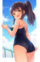Rule 34 | 1girl, :d, adjusting clothes, adjusting swimsuit, ass, bare arms, bare shoulders, black hair, blue one-piece swimsuit, blue sky, blush, breasts, brown eyes, brown hair, chain-link fence, clothes pull, cloud, commission, competition school swimsuit, cowboy shot, day, fang, fence, from behind, highres, kito (sorahate), long hair, looking at viewer, looking back, one-piece swimsuit, one-piece swimsuit pull, one-piece tan, open mouth, original, outdoors, ponytail, pulled by self, school swimsuit, sidelocks, skeb commission, sky, small breasts, smile, solo, standing, strap pull, swimsuit, tan, tanline, thighs, wet