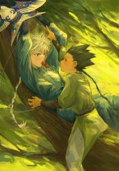 Rule 34 | 2boys, alternate costume, black hair, blue eyes, blush, braid, braided ponytail, brown eyes, child, chinese clothes, food, food in mouth, gon freecss, highres, hunter x hunter, killua zoldyck, kite, long sleeves, looking at another, male focus, multiple boys, on tree, outdoors, profile, short hair, tanghulu, tangzhuang, tiorrr1, white hair