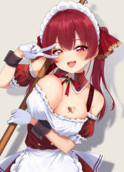 Rule 34 | 1girl, absurdres, alternate costume, apron, arm garter, blush, breast tattoo, breasts, broom, cleavage, commentary request, detached collar, enmaided, fang, gloves, grey background, heterochromia, highres, holding, holding broom, hololive, houshou marine, large breasts, looking at viewer, maid, maid apron, maid headdress, medium hair, open mouth, red eyes, red hair, shooot108, simple background, skin fang, smile, solo, tattoo, twintails, v, virtual youtuber, white apron, white gloves, yellow eyes