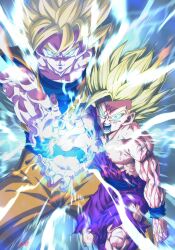 Rule 34 | aura, blonde hair, blood, blood on face, dragon ball, energy, father-son kamehameha, father and son, green eyes, highres, incoming attack, kamehameha (dragon ball), looking at viewer, muscular, muscular male, screaming, serious, son gohan, son goku, spiked hair, super saiyan, super saiyan 2, tagme, torn clothes