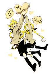 Rule 34 | 1boy, 1girl, bad id, bad pixiv id, blonde hair, blush, brother and sister, hair ornament, hair ribbon, hairclip, headphones, heart, high five, jacket, kagamine len, kagamine rin, kneehighs, kuwahara souta, looking up, necktie, open mouth, ponytail, ribbon, scarf, short hair, shorts, siblings, skirt, smile, so (artist), socks, striped clothes, striped scarf, twins, vocaloid, yellow eyes, yellow necktie