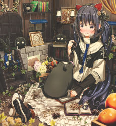 Rule 34 | 1girl, aiuabo, animal, animal ears, animal on lap, asymmetrical footwear, autumn, black eyes, black footwear, blue necktie, blush, book, bookshelf, candy, cat ears, clock, commentary request, fake animal ears, flower, food, frilled skirt, frills, hair flower, hair ornament, highres, holding, jacket, ladder, lamp, layered sleeves, lollipop, long hair, long sleeves, mismatched footwear, necktie, nose blush, number pun, on lap, open book, original, pig, pinecone, plant, shoes, short over long sleeves, short sleeves, sidelocks, sitting, skirt, smile, solo, stepladder, stone wall, stuffed animal, stuffed rabbit, stuffed toy, tie clip, twintails, very long hair, vines, wall, white footwear, white skirt, window