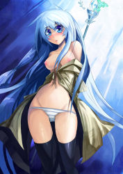 Rule 34 | 1girl, bad id, bad pixiv id, blue eyes, blue hair, breasts, duel monster, eria (yu-gi-oh!), eria the water charmer, hoqn, long hair, matching hair/eyes, panties, solo, staff, striped clothes, striped panties, thighhighs, topless, underwear, underwear only, yu-gi-oh!, yu-gi-oh! duel monsters