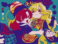 Rule 34 | 2girls, black nails, black shirt, blonde hair, blue background, chain, chinese clothes, commentary request, expressionless, flat color, fox print, gold chain, hair between eyes, hecatia lapislazuli, hug, junko (touhou), long hair, long sleeves, looking at viewer, multicolored clothes, multicolored skirt, multiple girls, nail polish, off-shoulder shirt, off shoulder, open mouth, phoenix crown, raya (uk 0128), red eyes, red hair, red nails, shirt, short sleeves, simple background, skirt, t-shirt, tabard, tassel, touhou, twitter username, upper body